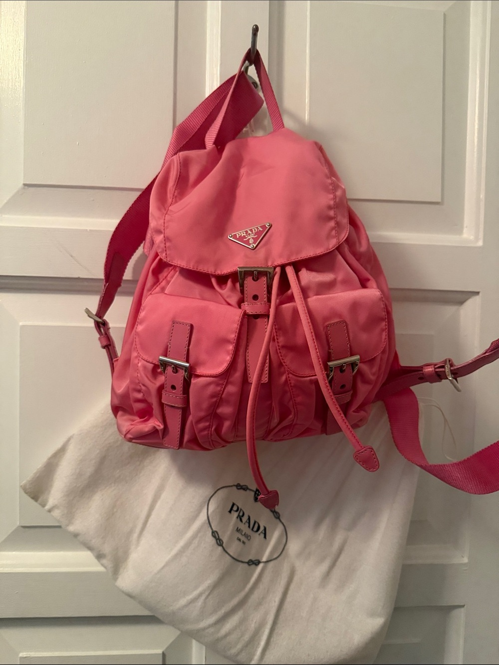 Prada Coral Pink Nylon Backpack with Front Buckle Pockets